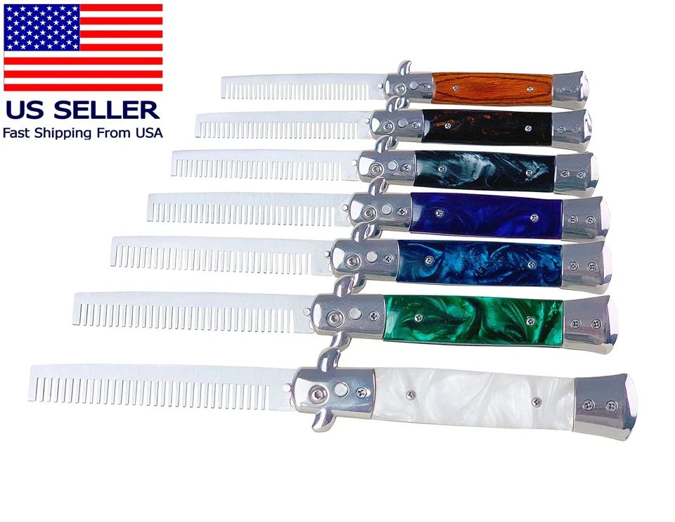 Switchblade Comb Pocket Knife Hair Brush Automatic Push Button Folding Barber (W - Image 4 of 4