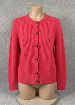M&S Collection Cable Knit Crew Neck Cardigan flame coral pink women's size uk 18