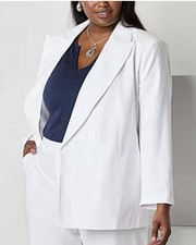 Worthington Women’s Plus White Blazer Button Notch Lapel Lined Pockets