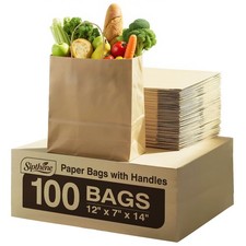 Paper Grocery Bags with Handles 12x7x14 Inches Large Brown Bag 57 Lbs Heavy Duty