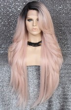 Human Hair Blend 38" Long Full Lace Front Layered Wavy Pink Mix Heat OK RPU