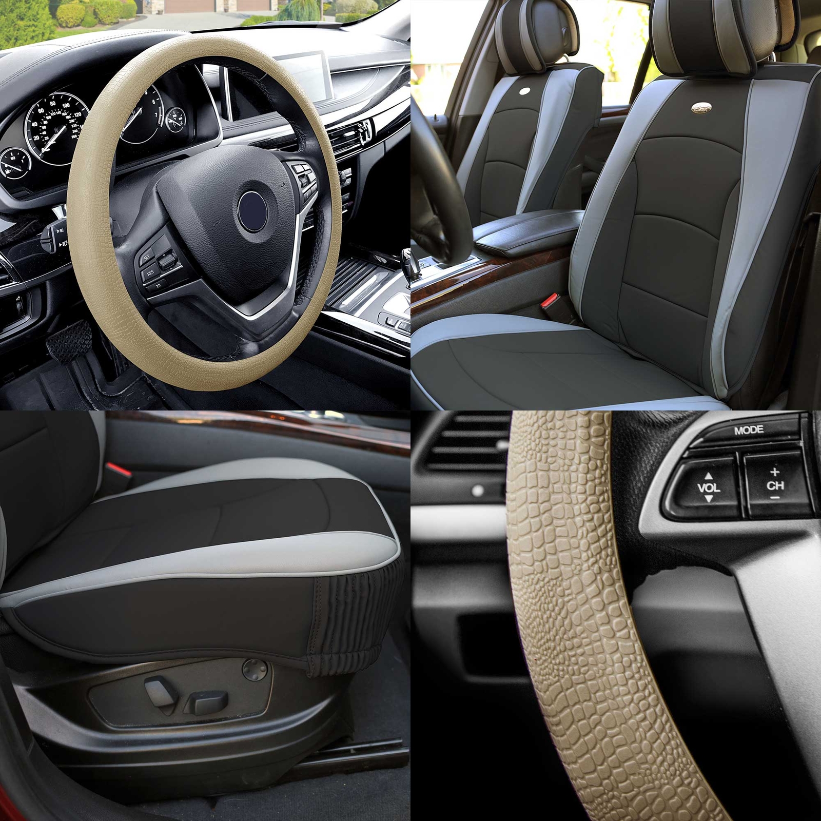Car Seat Cover Leatherette Buckets Black Gray w/ Beige Steering Cover For Motors-image