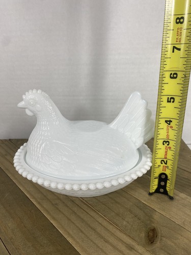 Vintage Milk Glass Nesting Hen Hobnail White Trim Candy Dish Indiana 7” x 5” - Picture 8 of 13