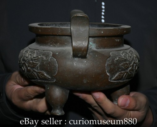9.6" Old Chinese Xuande Marked Purple Bronze Entangled branches Incense Burner - Picture 10 of 12