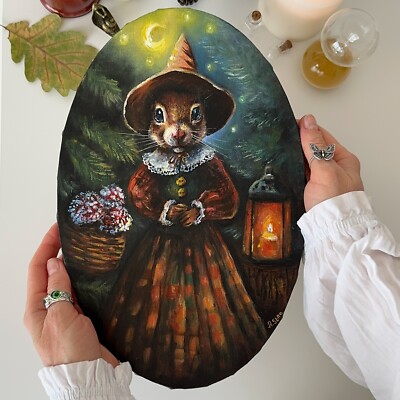 Squirrel original canvas painting, Whimsical forest art, Squirrel wall decor
