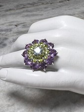 Sterling Silver, Blue Topaz Center, Peridot, Amethyst Cocktail Ring Size 6