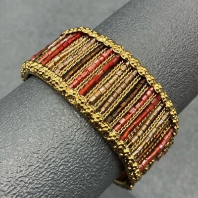Chicos Cuff Hinged Bracelet Gold Red Brown Seed Beads Iridescent Retro BoHo
