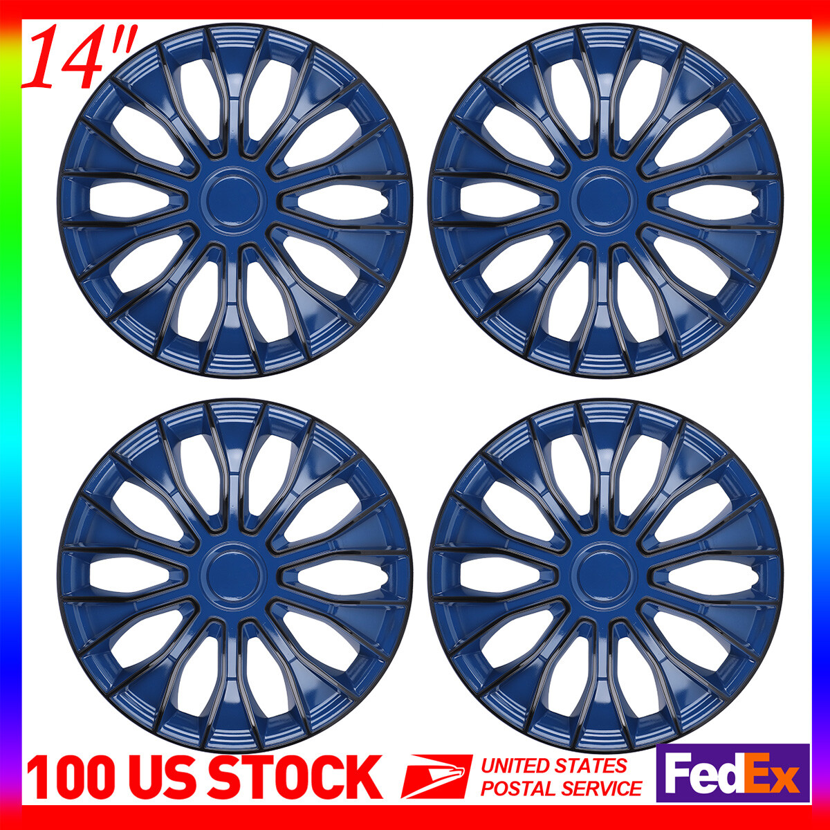 14-inch Snap-On Wheel Covers Set of 4 for R14 Tires - Black & Blue Hubcaps