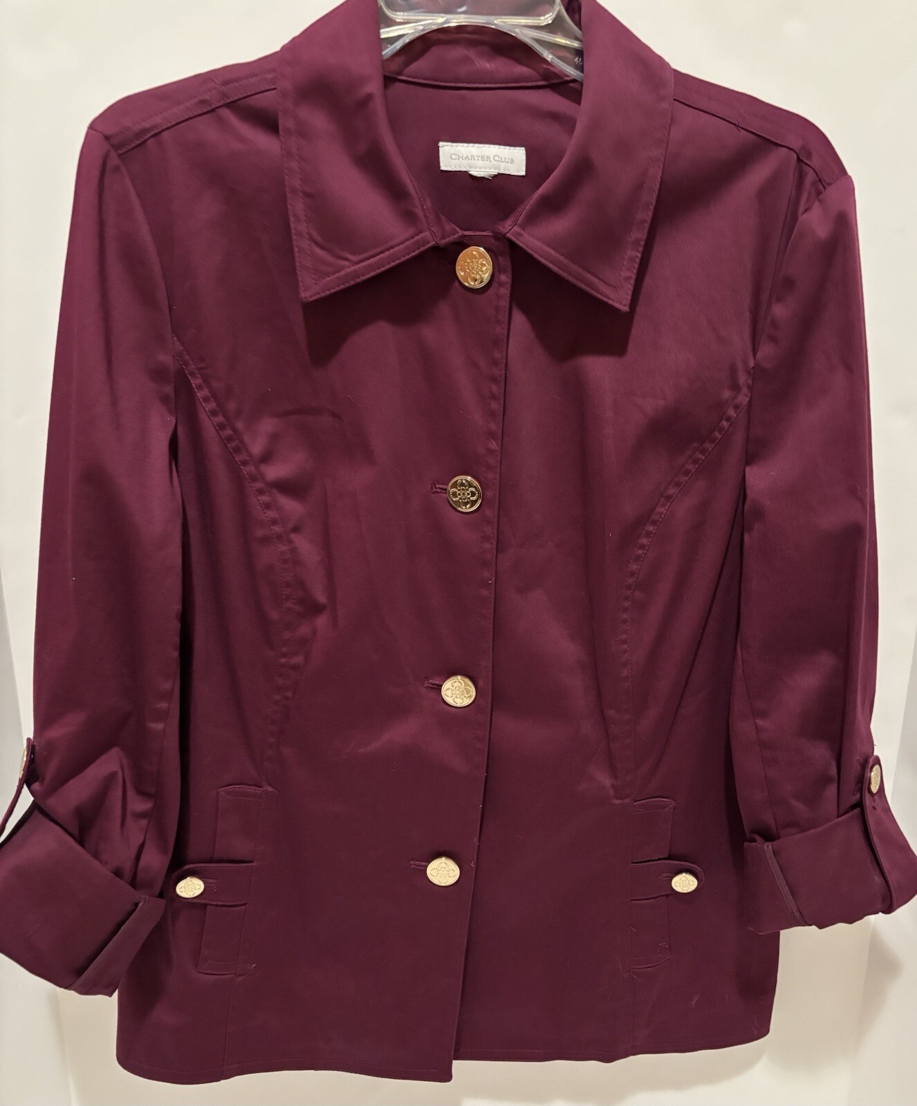 CHARTER CLUB Women's Wine Shacket button up adjustable sleeves pockets 40