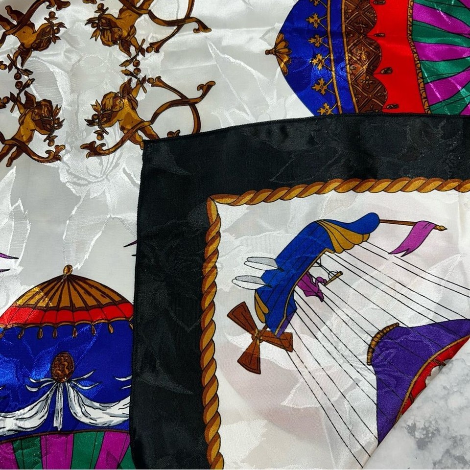 Vintage Womens 90s Hot Air Balloon Cherubs Scarf 34" Square Large black