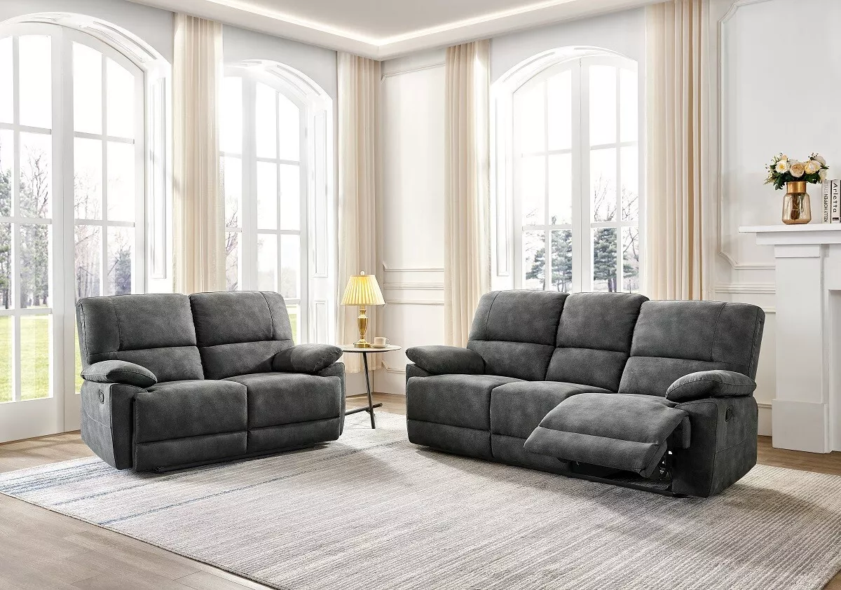 MONACO 32 CHARCOAL GREY Fabric 3 Seater 2 Seater Manual Reclining Sofa Suite