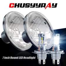 7 Inch Round LED Headlight Glass Lens Sealed Beam Headlamp Housing Chrome Pair