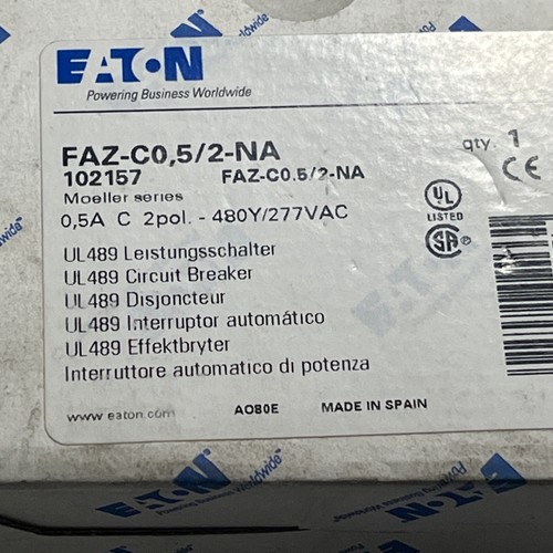 Eaton FAZ-C0,5/2-NA, 2 Pole Unit, 480Y/277VAC Circuit Breaker, New - Picture 4 of 6