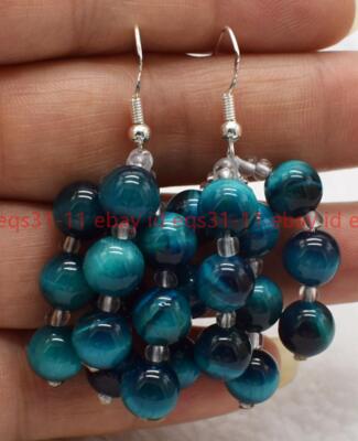 Elegant New 8mm Blue Tiger's Eye Round Gemstone Beads Drop Hook Earrings