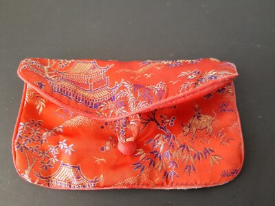 Red Asian Design Makeup Purse or Night purse or Evening Bag SILKY Satin fabric