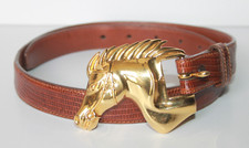 KIESELSTEIN CORD Horse Head Art Bronze Gold Buckle Brown Lizard Belt Sz 2 READ 