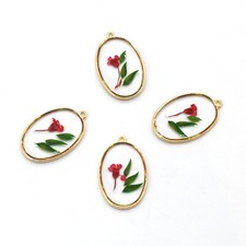 4PCS Gold Tone Real Dry Pressed Flower Resin Oval Charm Pendant Supply GBY13