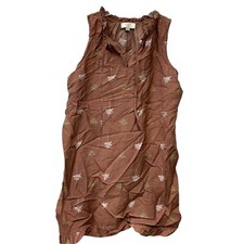 SP Loft Tan Palm Tree Print Shift Dress SMALL petite Short Brown Tan Ruffle New