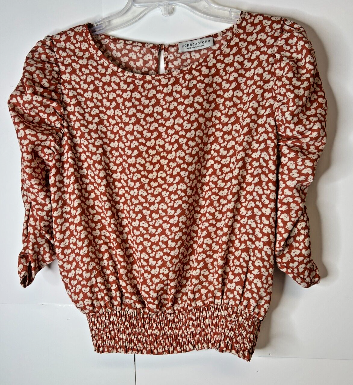 Paper Crane Women's Large Brown Beige Floral Elastic Waist Ruched Sleeves