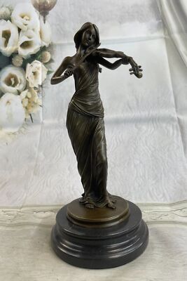 Female Violinist Violin Player Bronze Statue Sculpture Figure on Marble Base