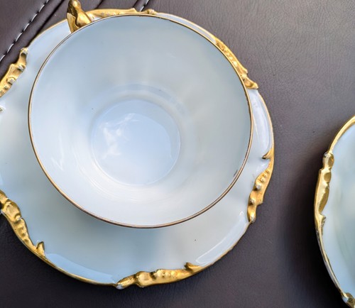 Gold on White 3 Cups & 3 Saucers Early 1900's J.P.L France "S" Monogram Mint Co - Picture 10 of 24