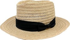 CHANEL Hat Beige Straw Black Bow CC Logo Wide Brim Fedora Unisex M Medium