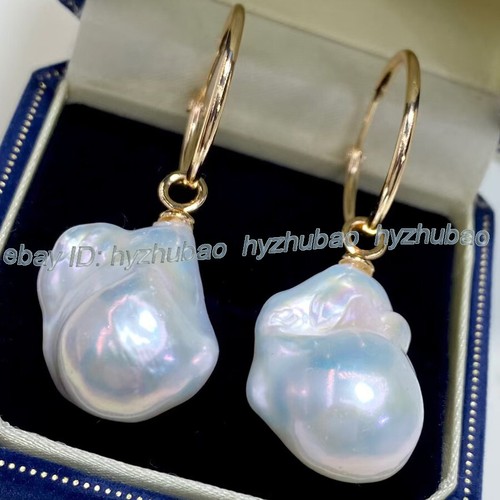 Natural AAA++ 15-25mm White Baroque Reborn Keshi Pearl Dangle Gold Hook Earrings - Picture 2 of 8