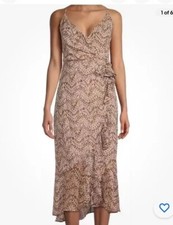 Bardot Women Small Ellie Wrap Faux Midi Dress Brown Animal Print spaghetti S