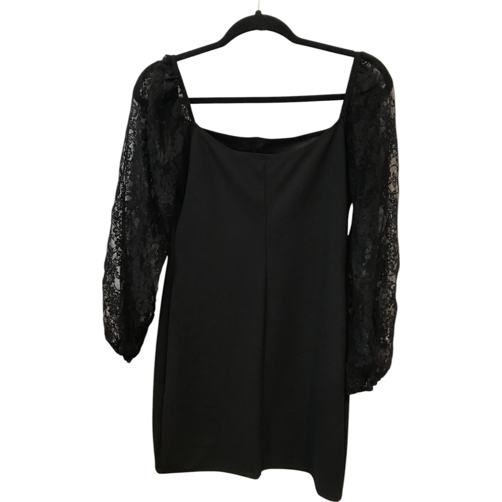 bebe Scuba Crepe Bodycon Dress Womens M Black Square Neck Lace Long Sleeve NWT