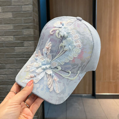Women Embroidered Flowers Mesh Baseball Caps Colorful Lines Beaded Girl Sun Hats