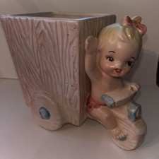 Relpo 1964 Samson Import Co Made in Japan Vtg Baby Girl On Trike Planter HTF