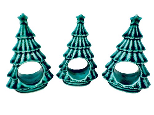 Vintage 1980's Green Ceramic Hand Painted Christmas Tree Napkin Ring Holders Set - Picture 2 of 16