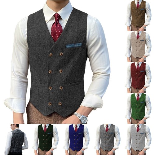 Herren Doppelreihig Weste Anzug Tweed Herringbone Vintage Wolle Hochzeit Retro++ - Bild 1 von 29