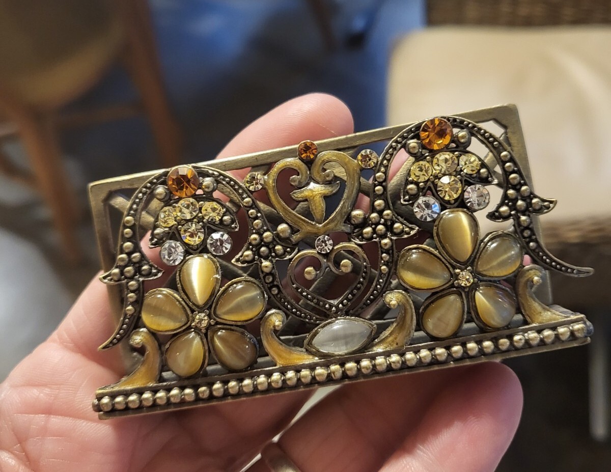 Elegant Metal Filigree Business Card Holder with Floral Stones Design  -image