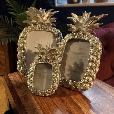 3er Set Silber Ananas Bilderrahmen Glas Harz Hollywood Regency Stil