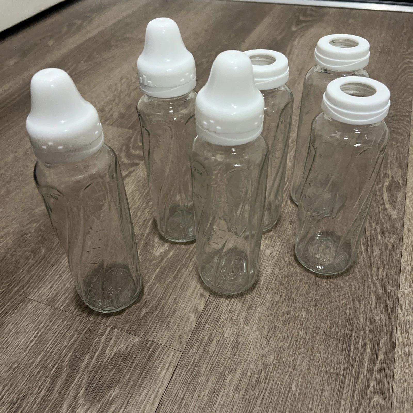 Lot of 6 Vintage Evenflo Glass Baby Bottles 8oz Hexagonal Clear Made in USA