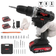 24V Electric Drill Cordless Fast Screwdriver Set Power Tool W/2 Battery&Charger