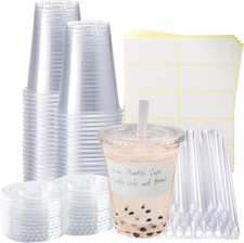 50 Sets Clear Plastic Cups With Flat Lids, Disposable Iced Coffee Cups