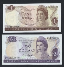 Set OF 2 New Zealand Notes: 1 and 2  DOLLARS(1970-1988)  AUNC/F10
