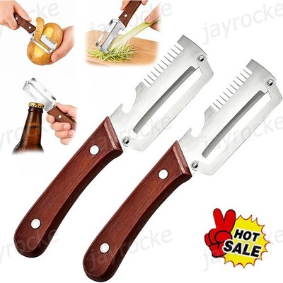 1-2PCS 3 in 1 Vegetable Peeler with Wooden Handle,Stainless Steel Blade Peeler