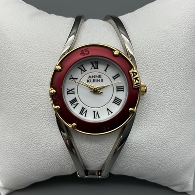 Vtg Anne Klein II Womens Watch 25mm Red Bezel Bangle AL21 New Battery 6.5''