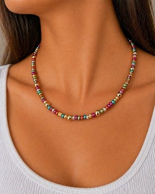 Multicolor Metallic Beaded Necklace Handmade Colorful Choker Y2K Gold Accent