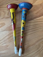 2 Lithograph Metal New Years Eve Noise Makers Horns US Metal Toy MFG Co. 1940s