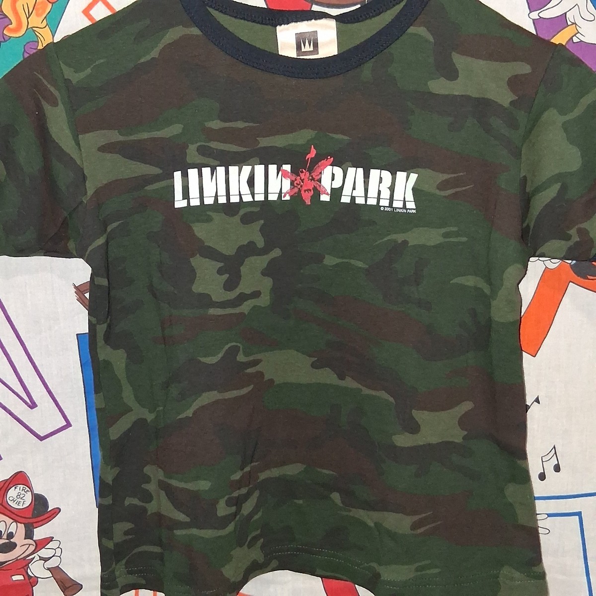 Rare 2001 LINKIN PARK Short Sleeve Ringer Shirt Camo WINTERLAND