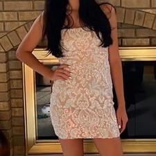 Windsor Sequin Swirl Mini Dress Womens M Beige Bodycon Lace-Up Back Party