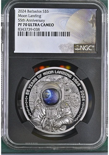 2024 Barbados Moon Landing 55th Ann. Black Proof 1 oz Silver Coin NGC PF 70 UCAM