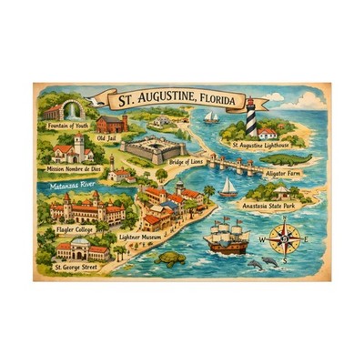 St. Augustine Florida Vintage Map Rolled Poster | Lighthouse, Historic Sites