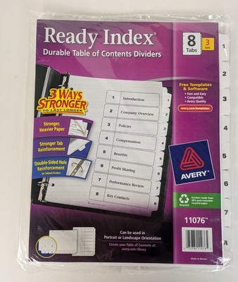 Avery 11076 Ready Index 8-Tab 3 Sets Table of Contents Dividers NEW SEALED
