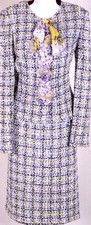 ST.JOHN Women Tweed Purple Yellow White Black Ruffle Trim Jacket Skirt Sz 12