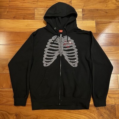 VERSAILLES Rhinestone Skeleton Zip Up Hoodie Black Heart Graphic